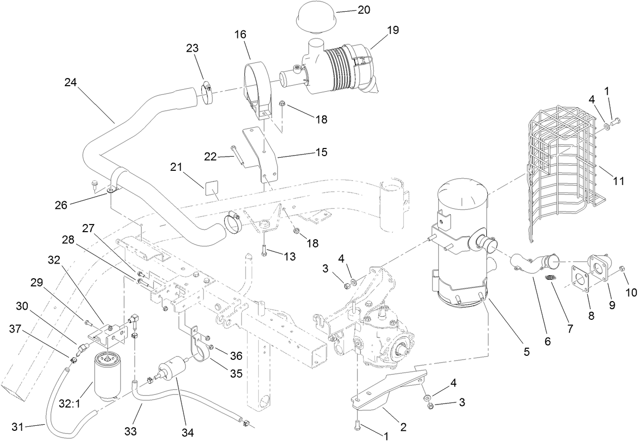 Air Cleaner, Fuel Filter and Exhaust Assembly