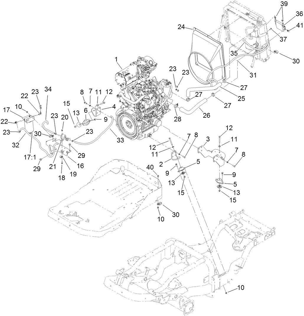 Engine, Radiator Hoses and Shroud Assembly