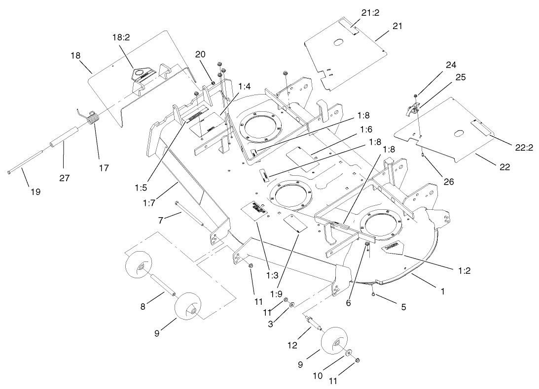 Deck, Deflector And Wheels Assembly