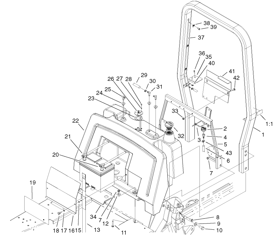 Fuel Tank, Battery And Roll Over Protection System (rops) Assembly
