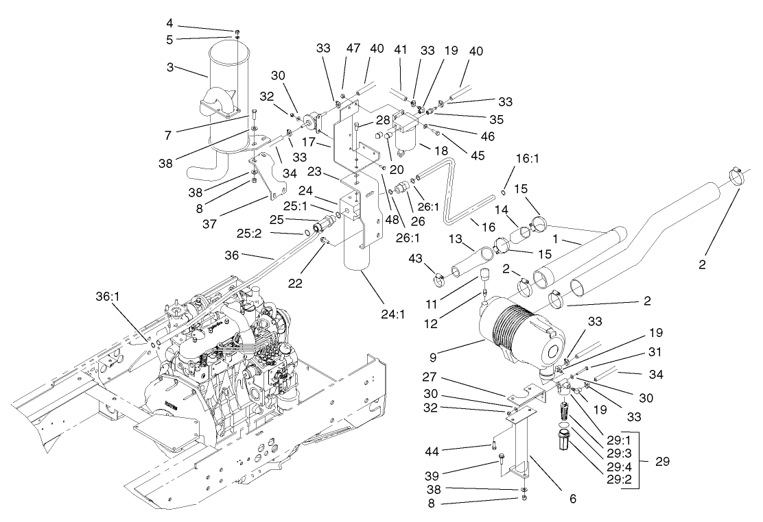 Muffler, Oil / Water / Fuel Filter and Air Cleaner Assembly