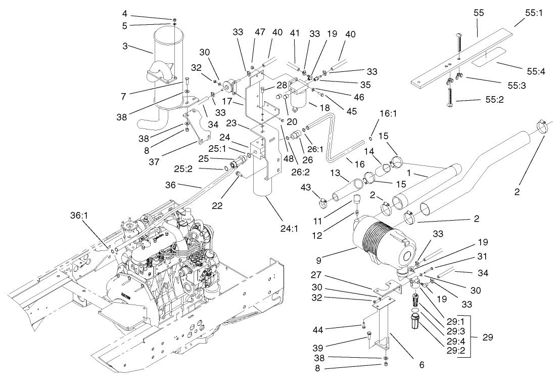 Muffler, Oil / Water / Fuel Filter and Air Cleaner Assembly