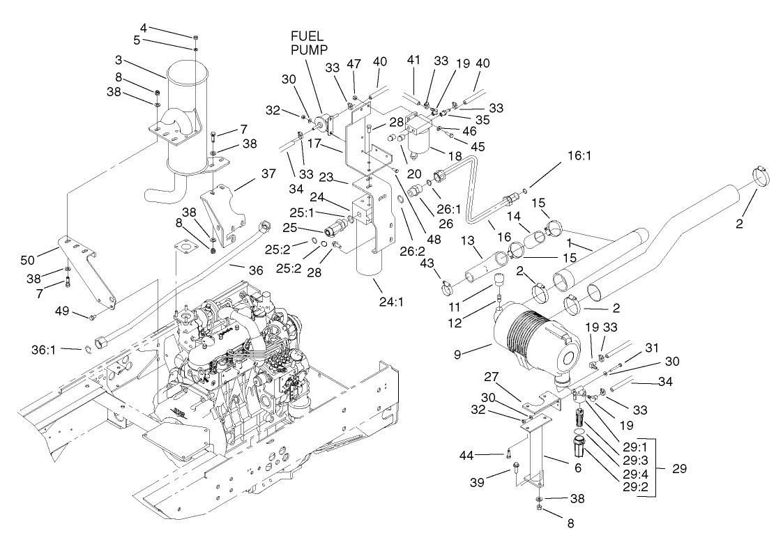Muffler, Oil / Water / Fuel Filter and Air Cleaner Assembly