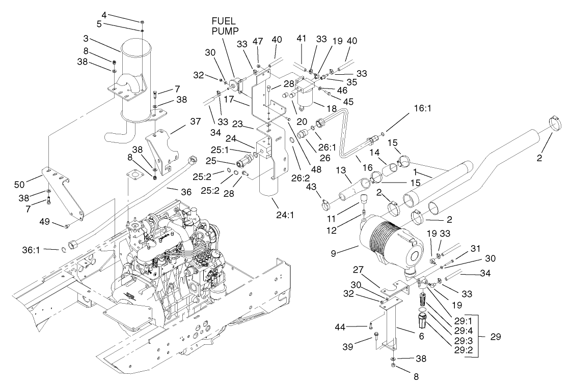 Muffler, Oil / Water / Fuel Filter and Air Cleaner Assembly