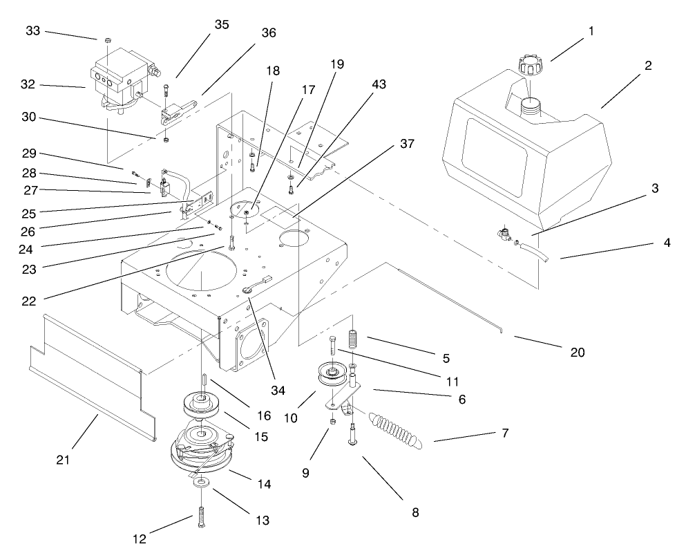 Fuel Tank, Hydro Pump, and PTO Assembly
