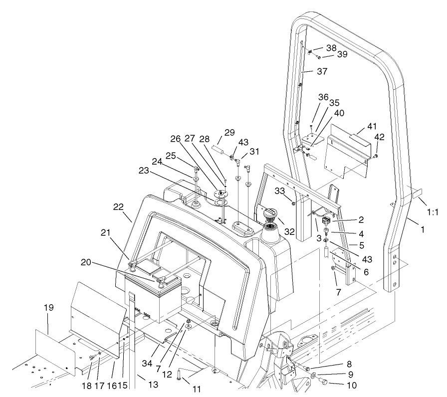 Fuel Tank, Battery and Roll Over Protection System (ROPS) Assembly