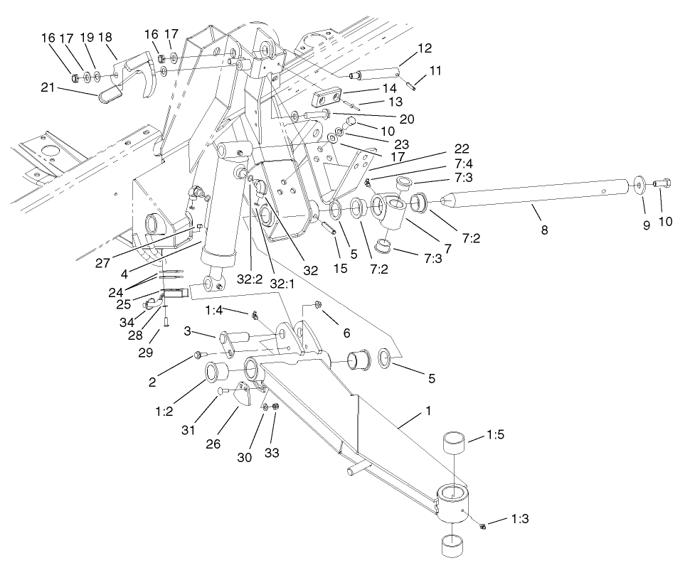 Side Deck Lift Arm, Cylinder and Latch Assembly