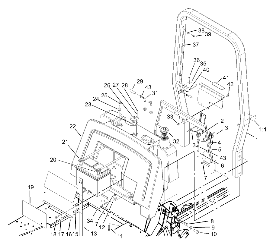 Fuel Tank, Battery and Roll-Over-Protection-System Assembly