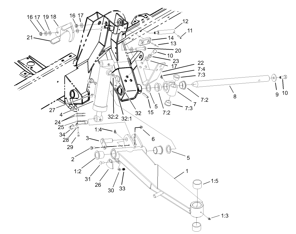 Side Deck Lift Arm, Cylinder and Latch Assembly