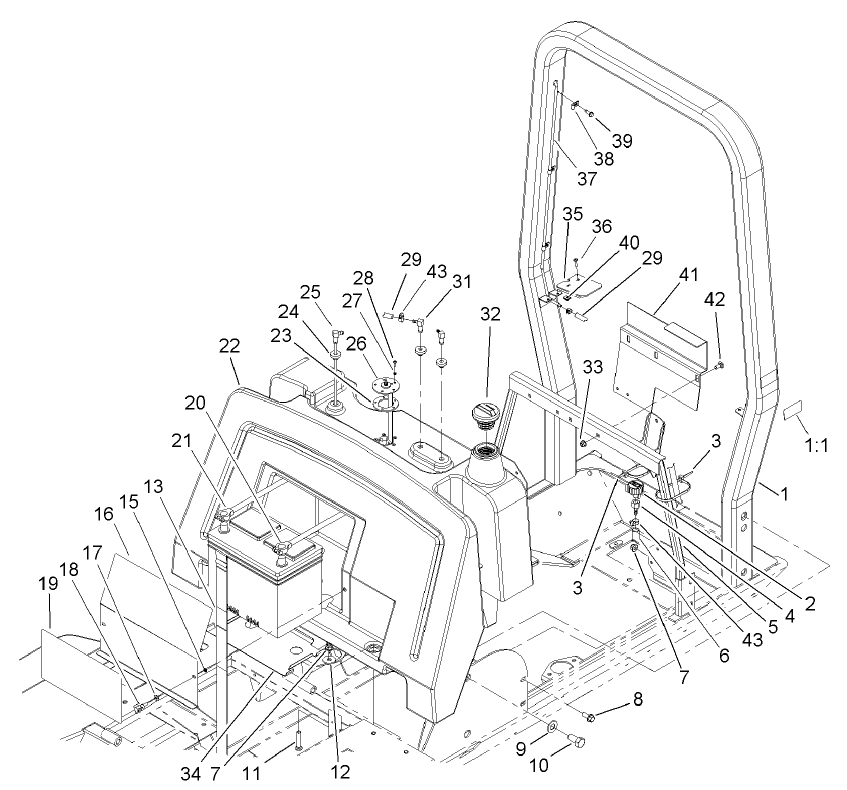 Fuel Tank, Battery and  Roll-Over Protection System Assembly