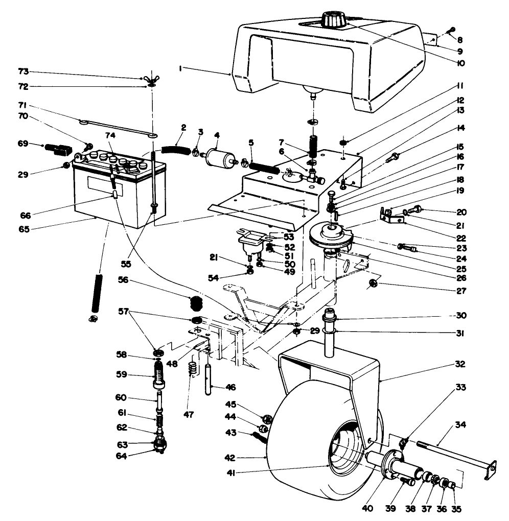 Gas Tank, Battery And Caster Wheel Assembly