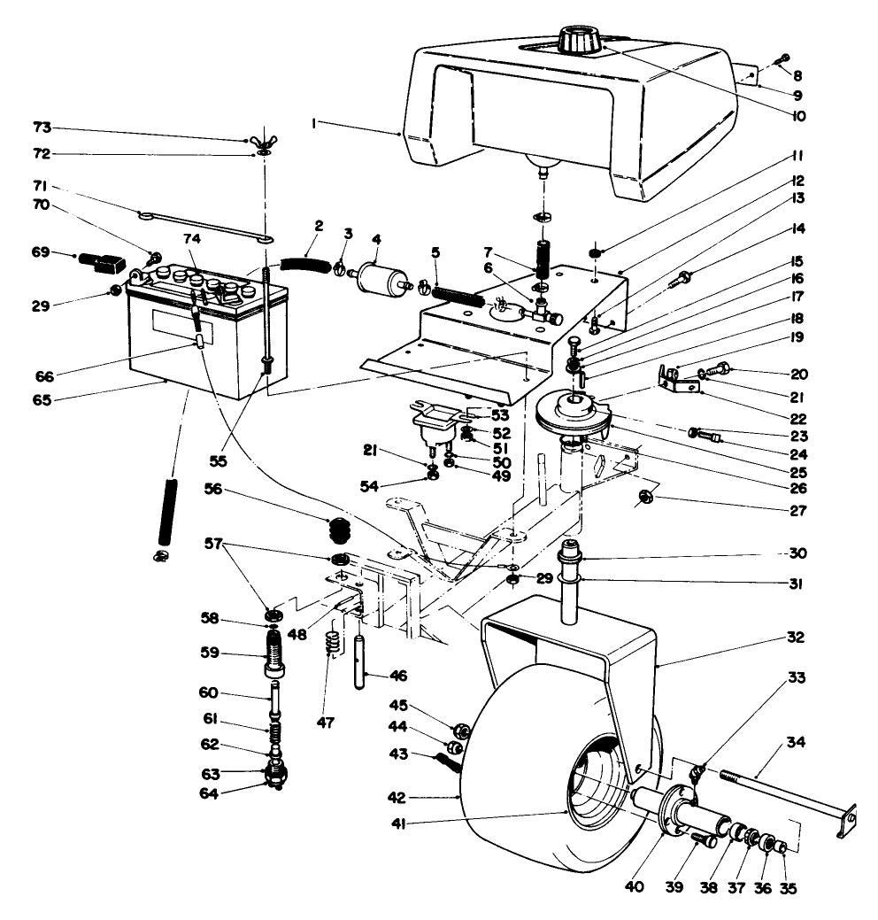 Gas Tank, Battery And Caster Wheel Assembly