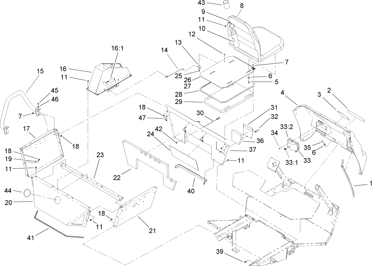 Engine Shroud, Front Console and Seat Assembly