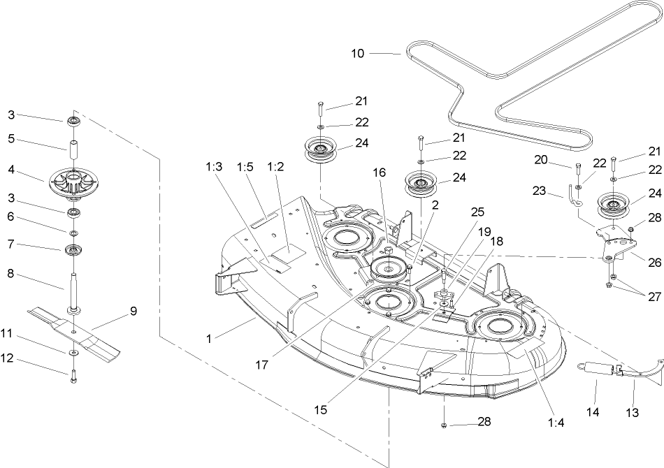Deck, Spindle and Belt Drive Assembly