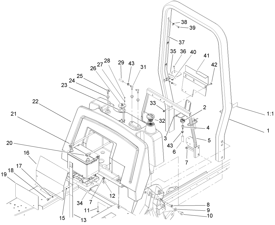 Fuel Tank, Battery and Roll-Over-Protection-System Assembly