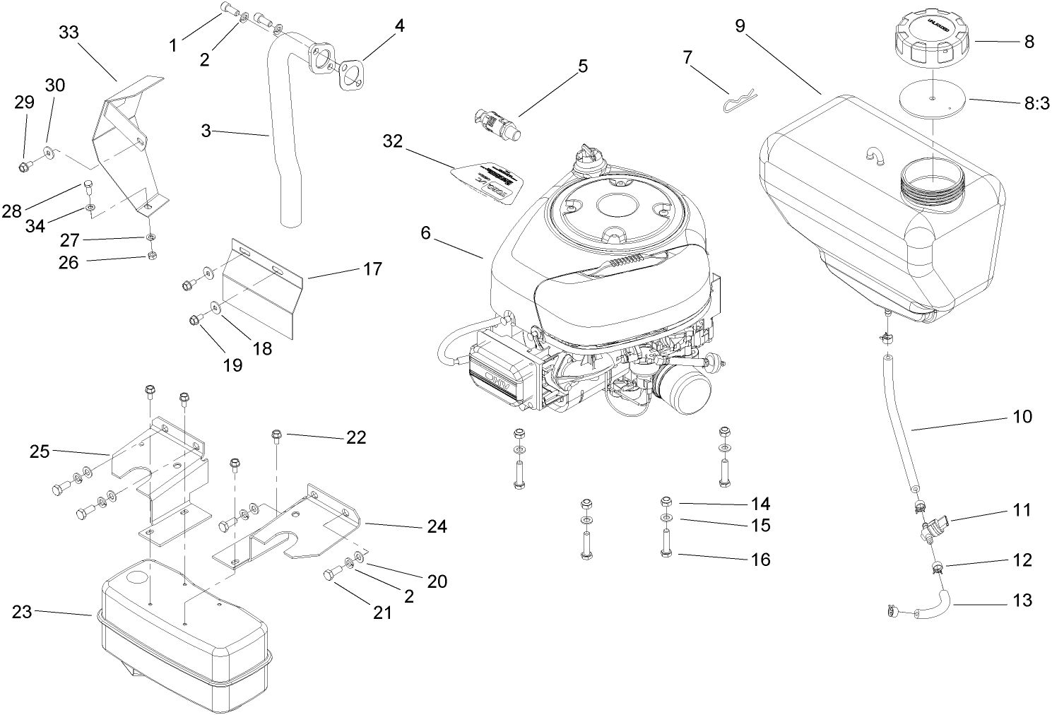 Engine, Muffler and Fuel Tank Assembly