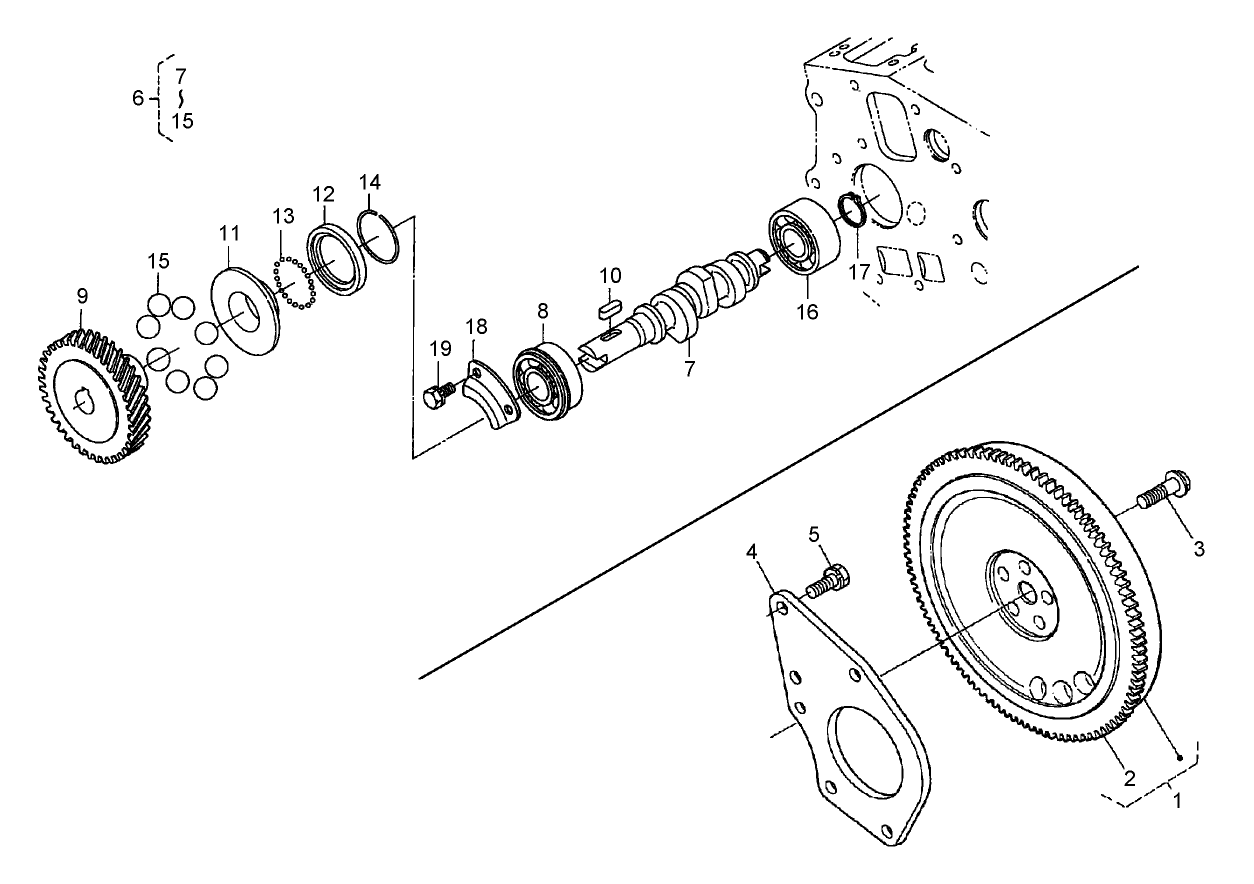 Flywheel, Fuel Camshaft and Governor Shaft Assembly