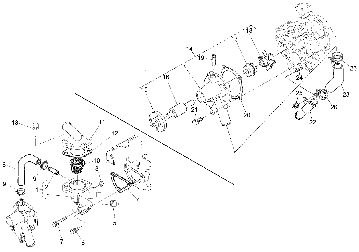 Water Flange, Pump, Pipe and Thermostat Assembly
