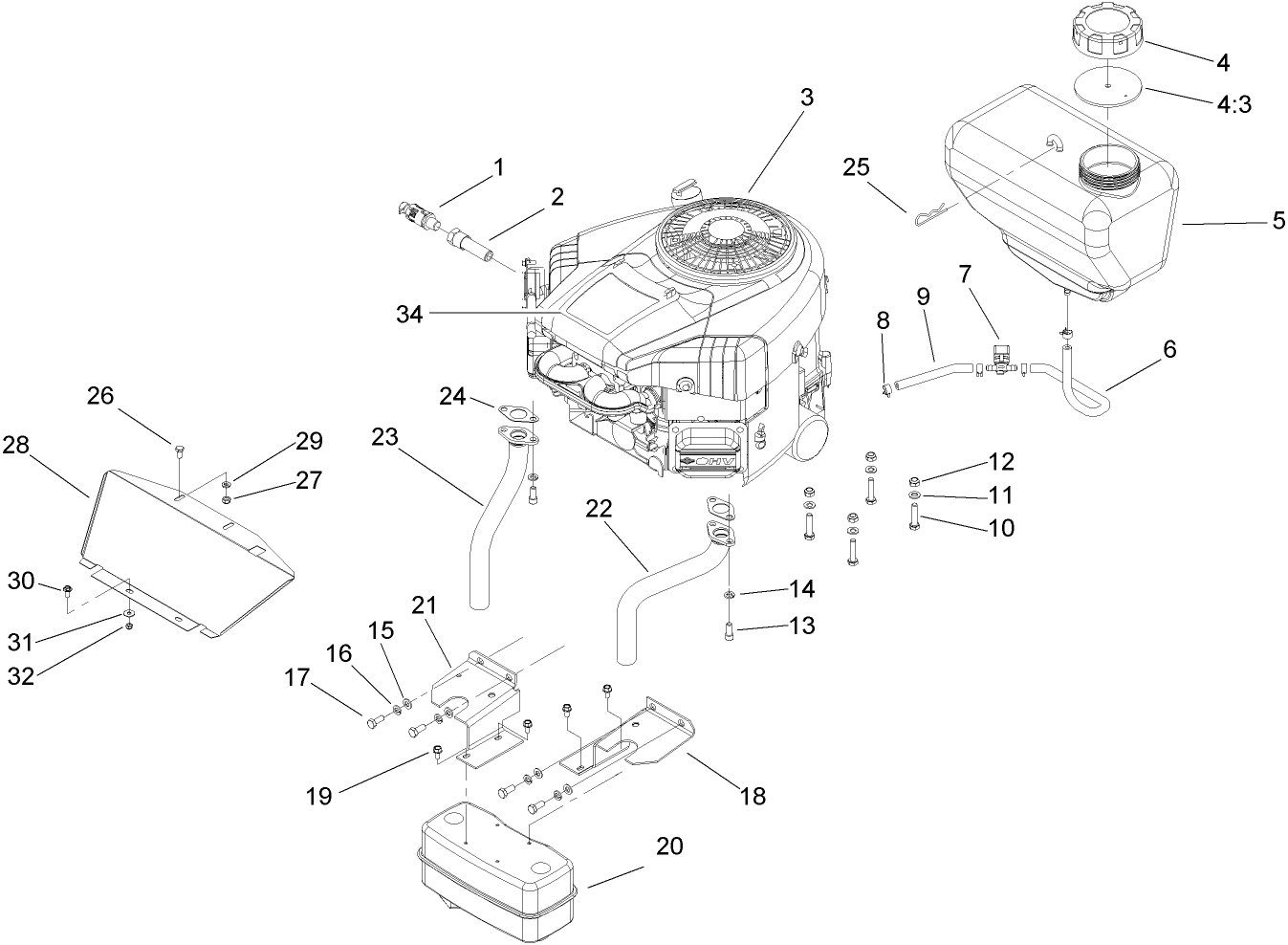Engine, Muffler and Fuel Tank Assembly