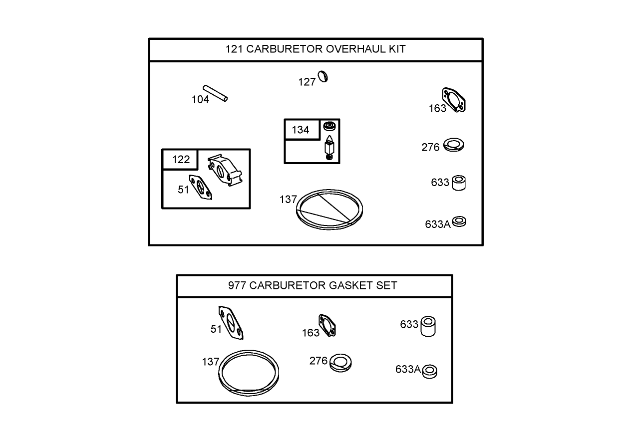 121 Caburetor Overhaul Kit and 977 Caburetor Gasket  Set Assemblies, Briggs and Stratton 126302-0245-E1