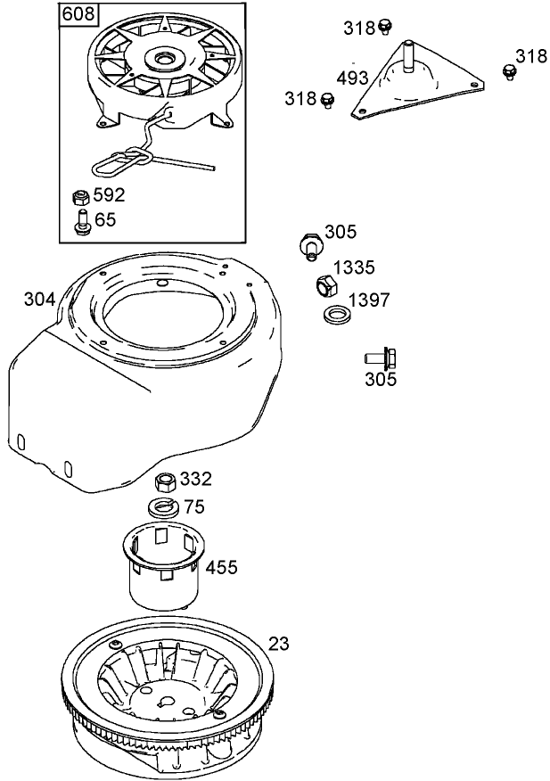 Flywheel, Blower Housing, and Rewind Starter Assemblies  Briggs and Stratton 084132-0120-E1