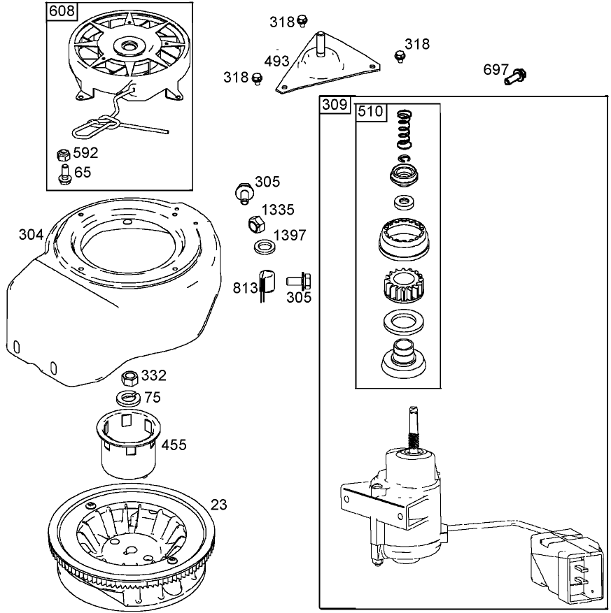 Flywheel, Blower Housing, and Starter Assemblies  Briggs and Stratton
