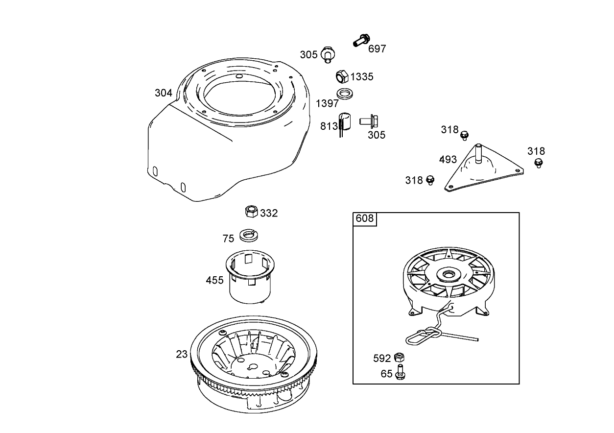 Flywheel, Blower Housing and Starter Assemblies Briggs and Stratton 084232-0121-E1