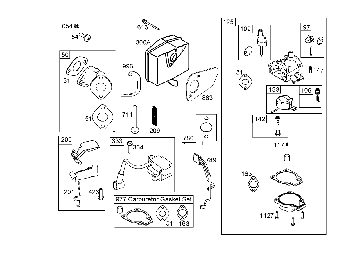 Intake Manifold, Carburetor, and Muffler Assemblies  Briggs and Stratton 084333-0197-E1