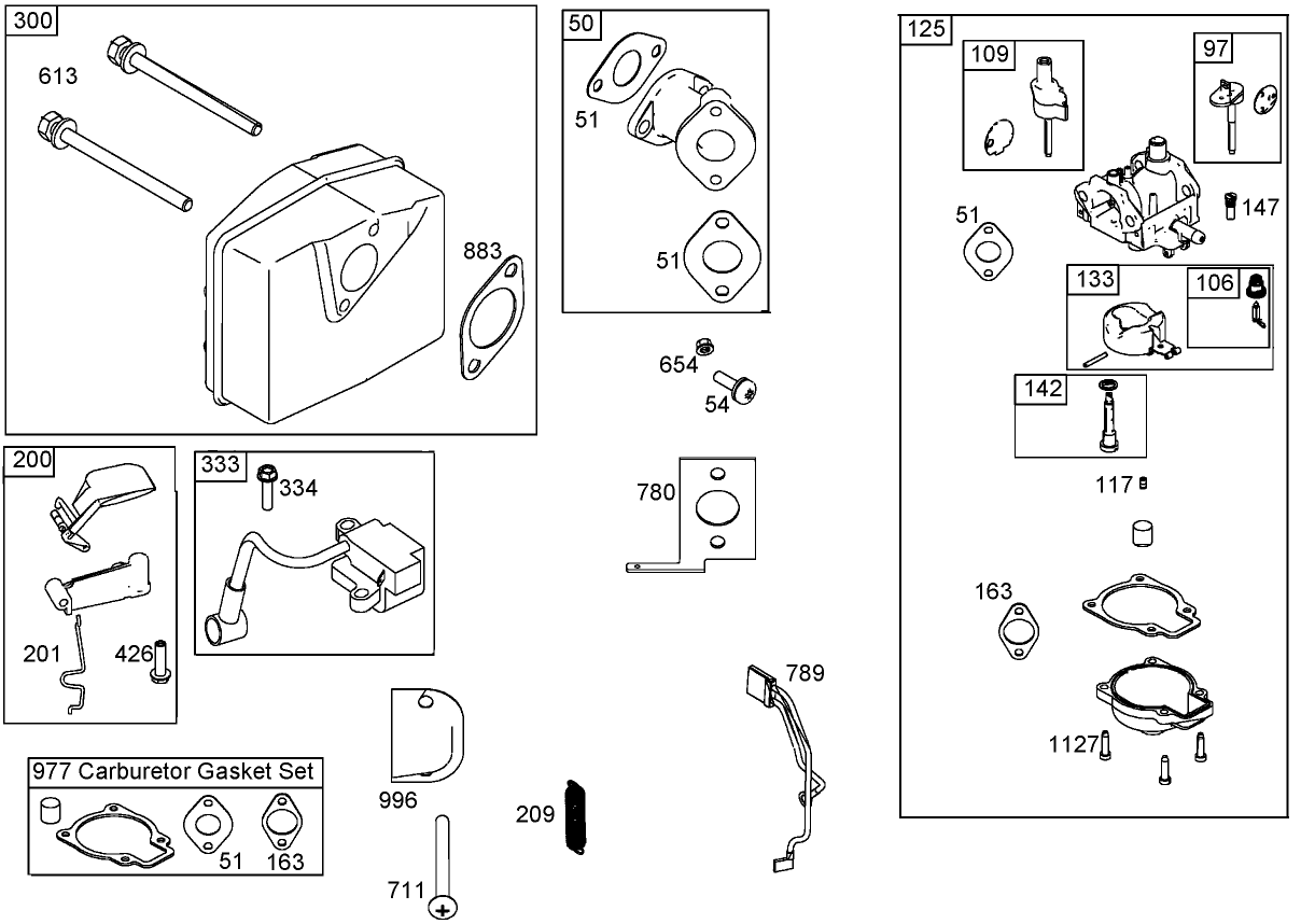 Intake Manifold, Carburetor, and Muffler Assemblies  Briggs and Stratton 084332-0130-E1