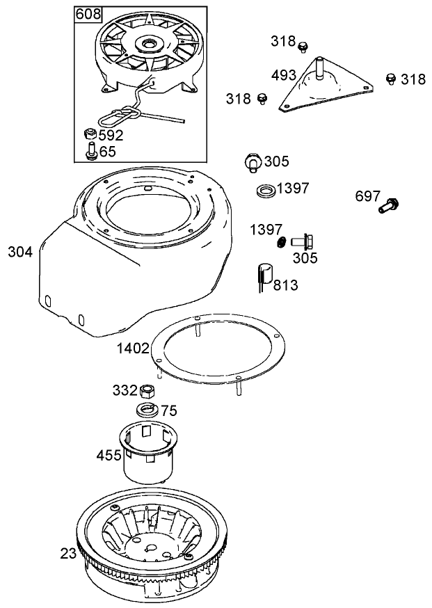 Flywheel, Blower Housing, and Starter Assemblies  Briggs and Stratton 084332-0130-E1