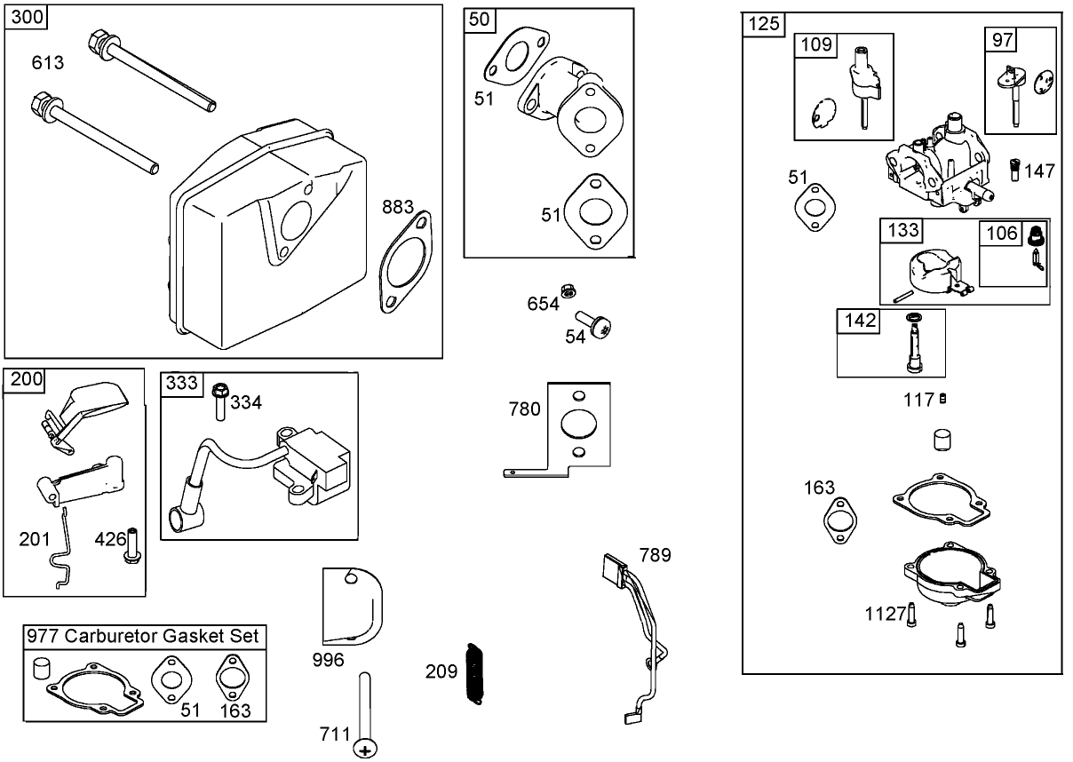 Intake Manifold, Carburetor, and Muffler Assemblies  Briggs and Stratton 084333-0199-E1