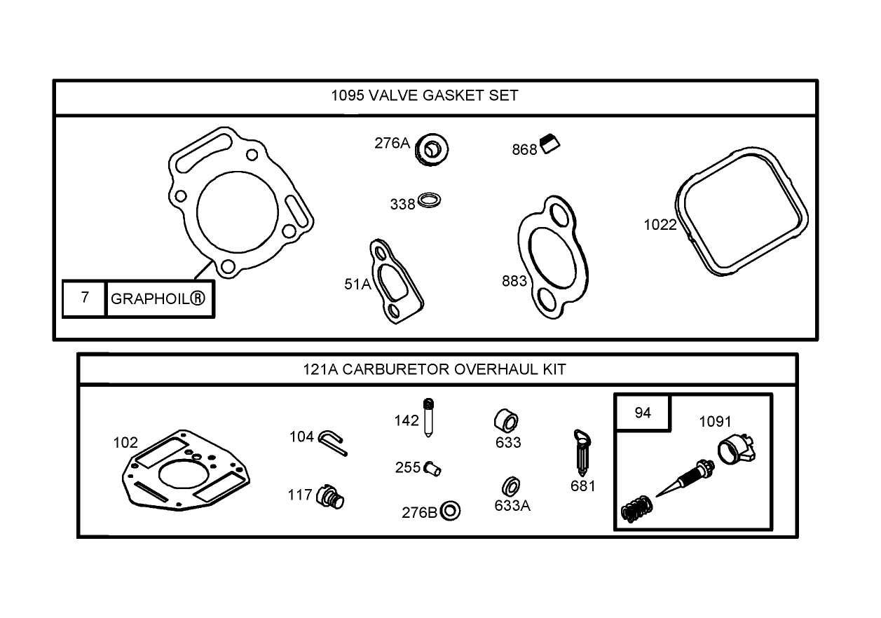 1095 Valve Gasket Set and 121A Carburetor Overhaul Kit Briggs and Stratton 356447-0179-E1
