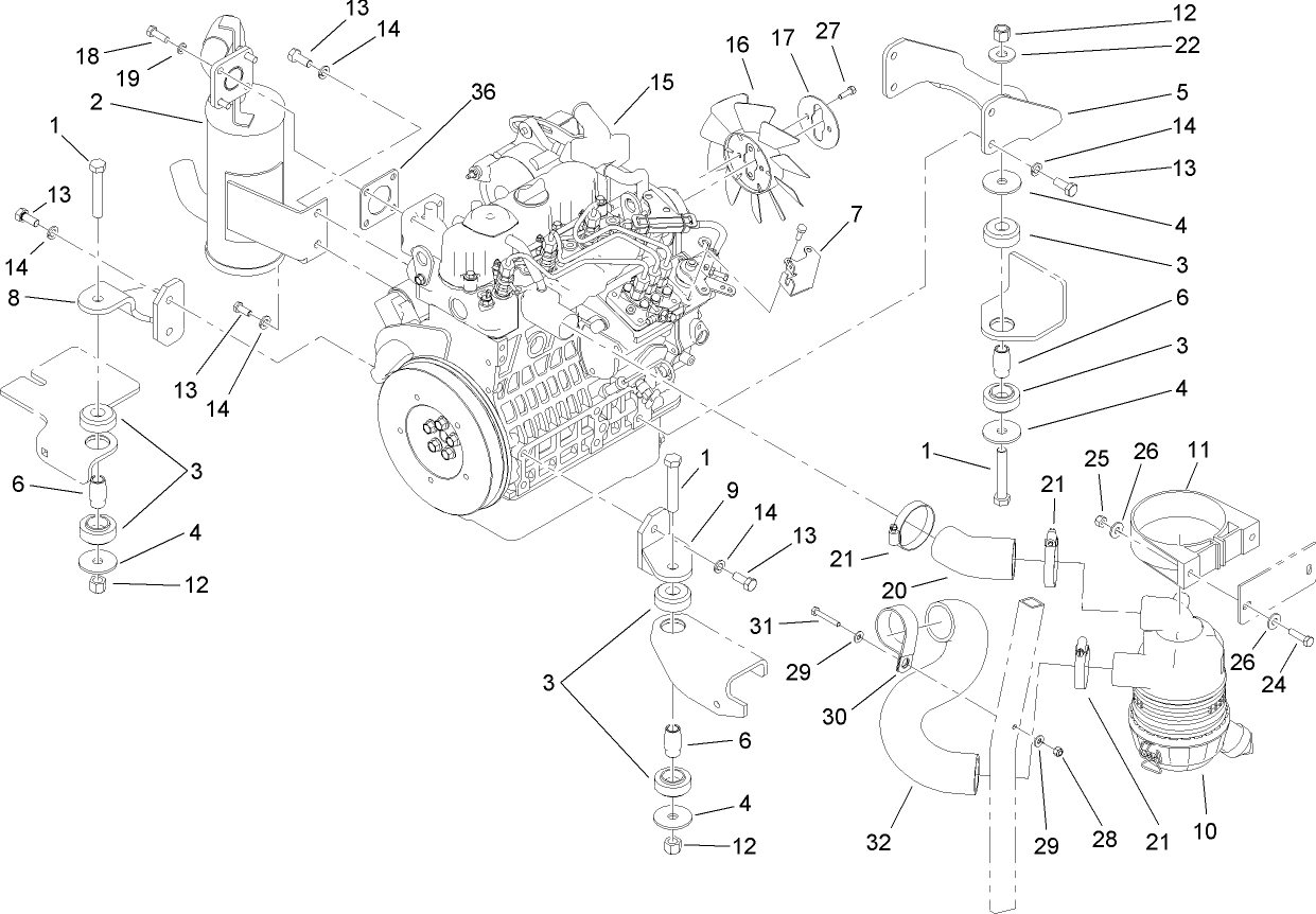 Engine, Exhaust and Air Intake Assembly