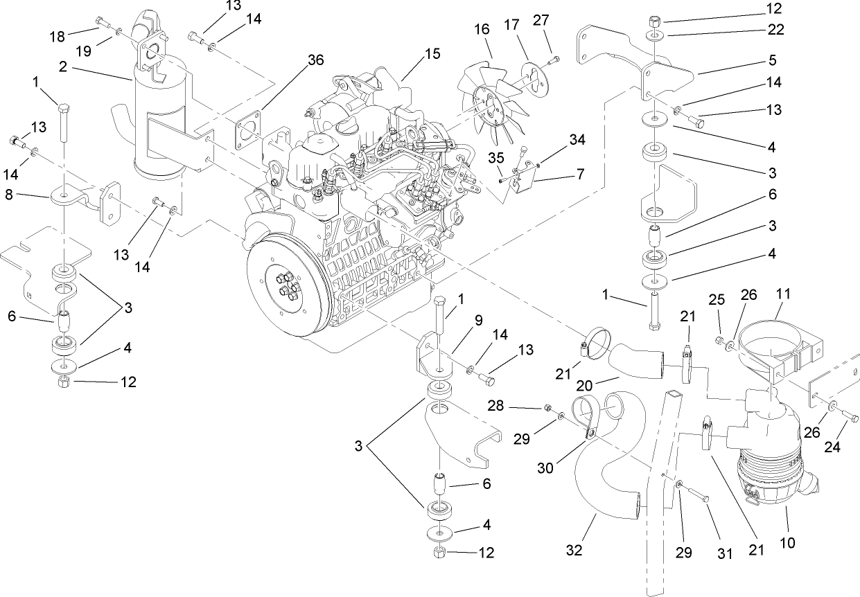 Engine, Exhaust and Air Intake Assembly