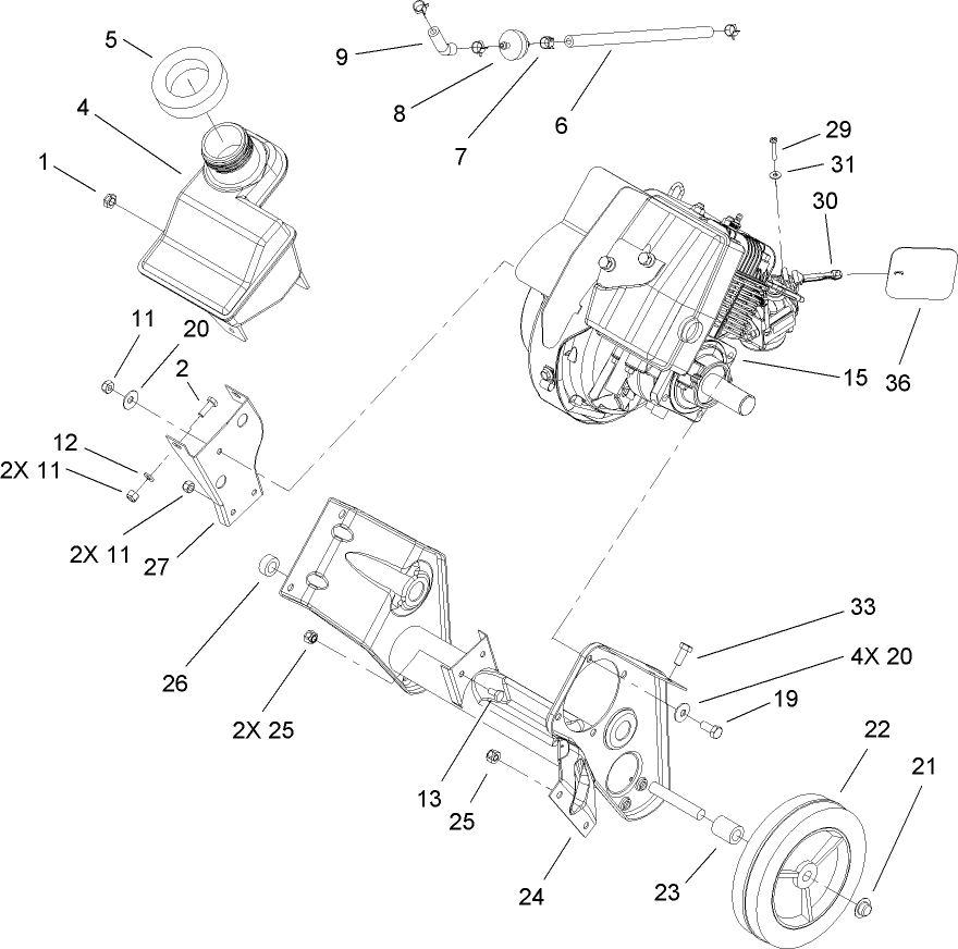 Engine, Gas Tank and Frame Assembly