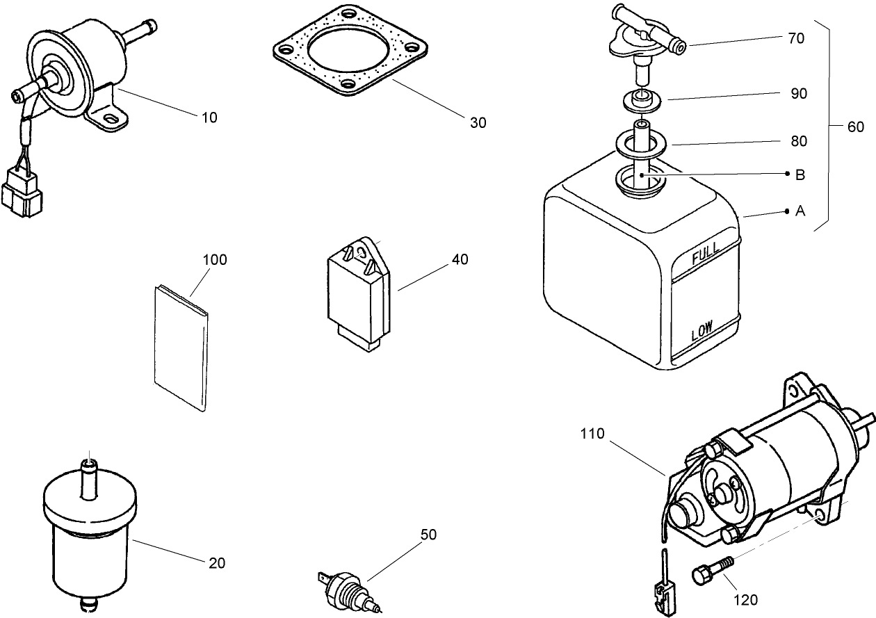 Electric Fuel Pump, Fuel Filter, Starter and Overflow Bottle Assemblies