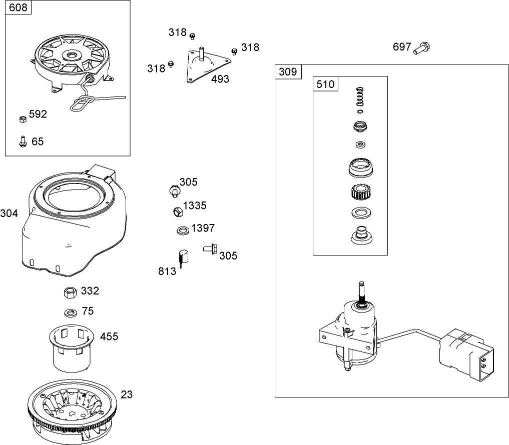 Flywheel, Blower Housing and Starter Assembly  Briggs and Stratton 084133-0196-E8