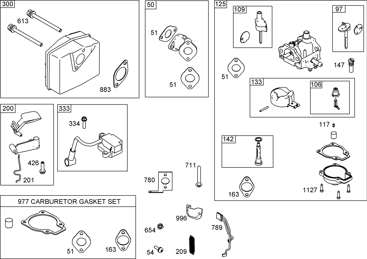 Muffler, Carburetor and Intake Manifold Assembly Briggs and Stratton 084232-0121-E8