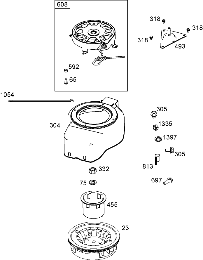 Flywheel, Blower Housing and Starter Assemblies Briggs and Stratton 084232-0121-E8