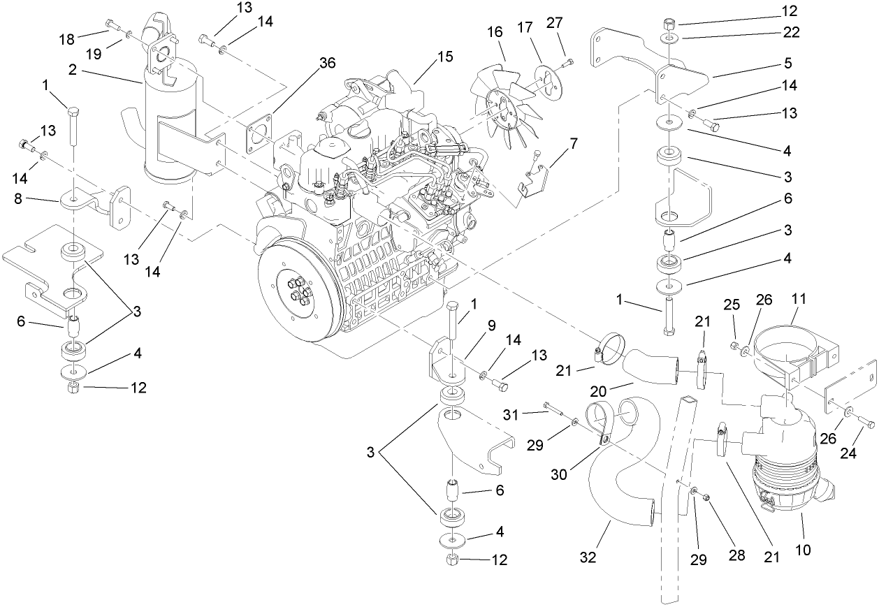 Engine, Exhaust and Air Intake Assembly