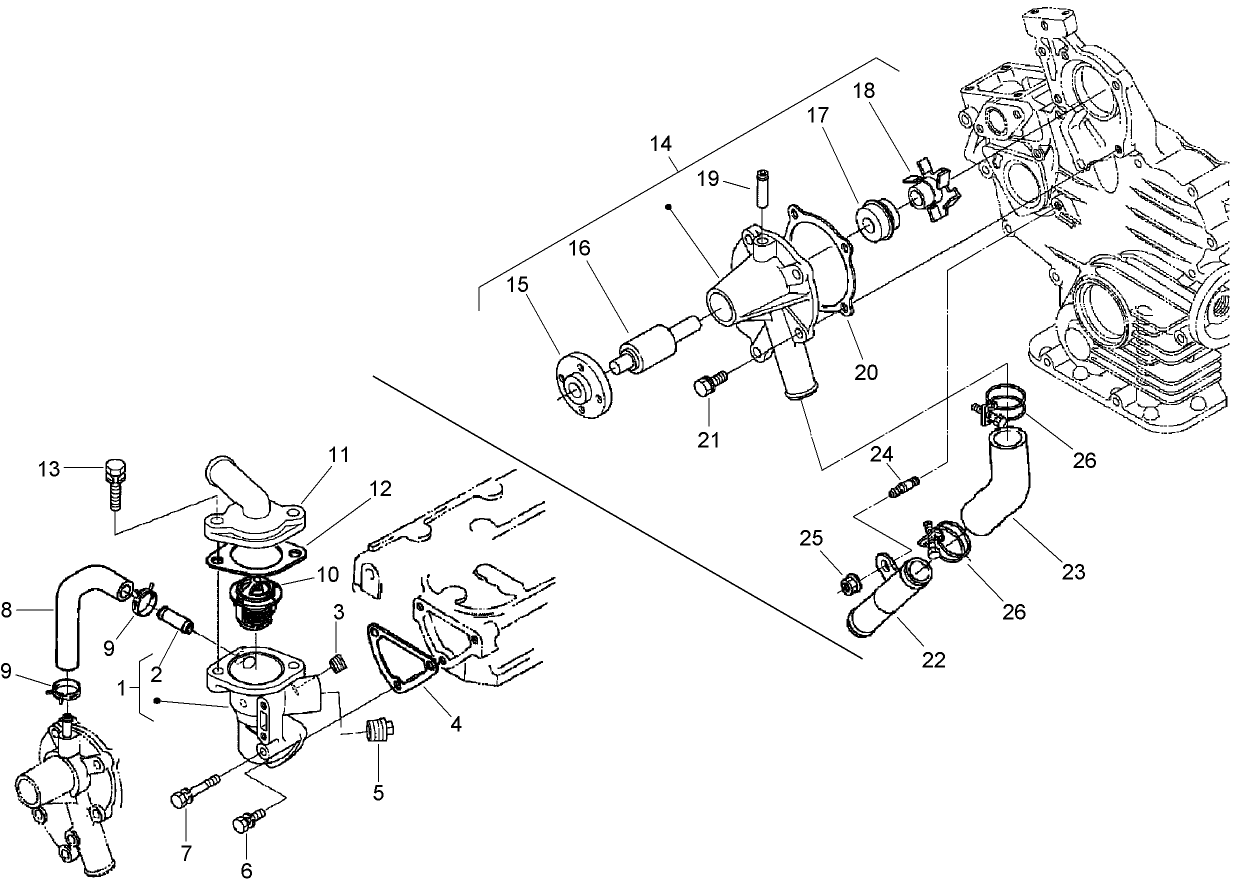 Water Flange, Pump, Pipe and Thermostat Assembly