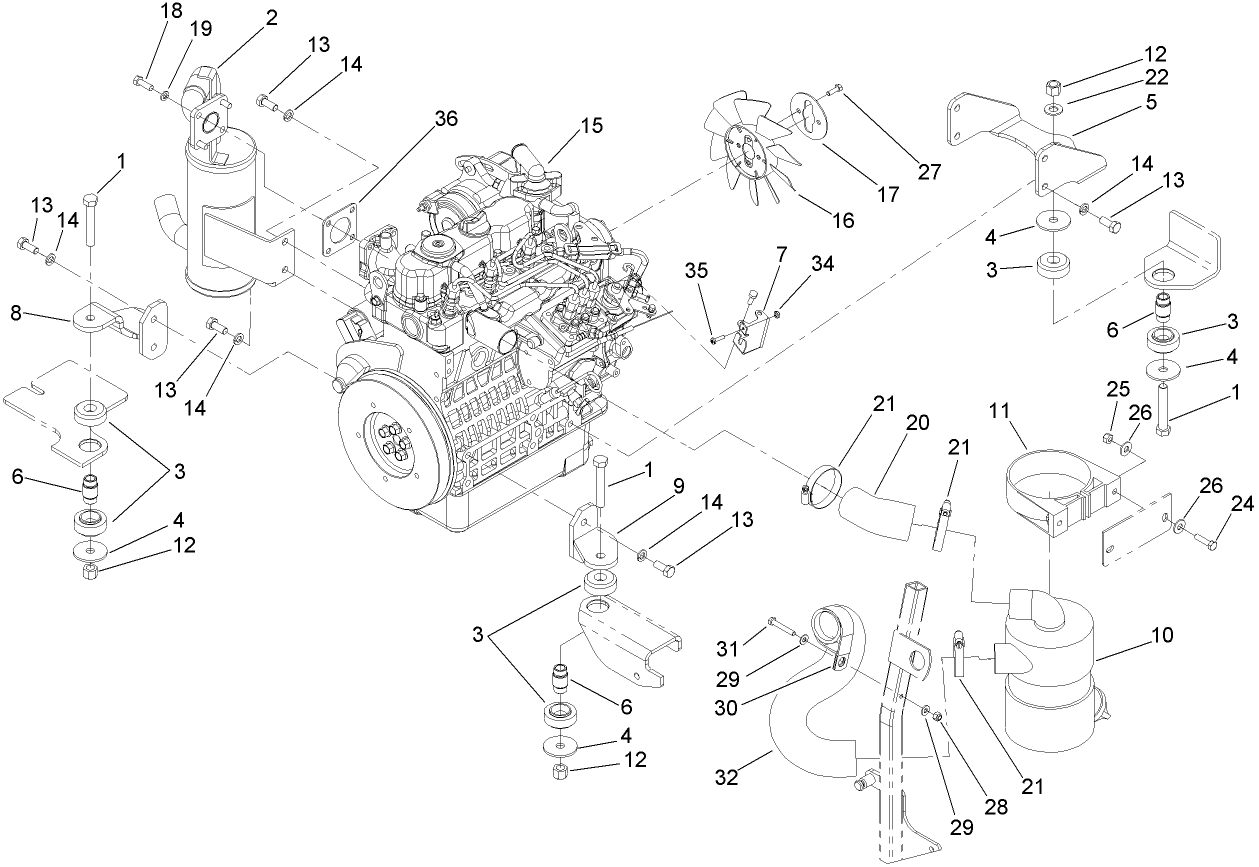 Engine, Exhaust and Air Intake Assembly