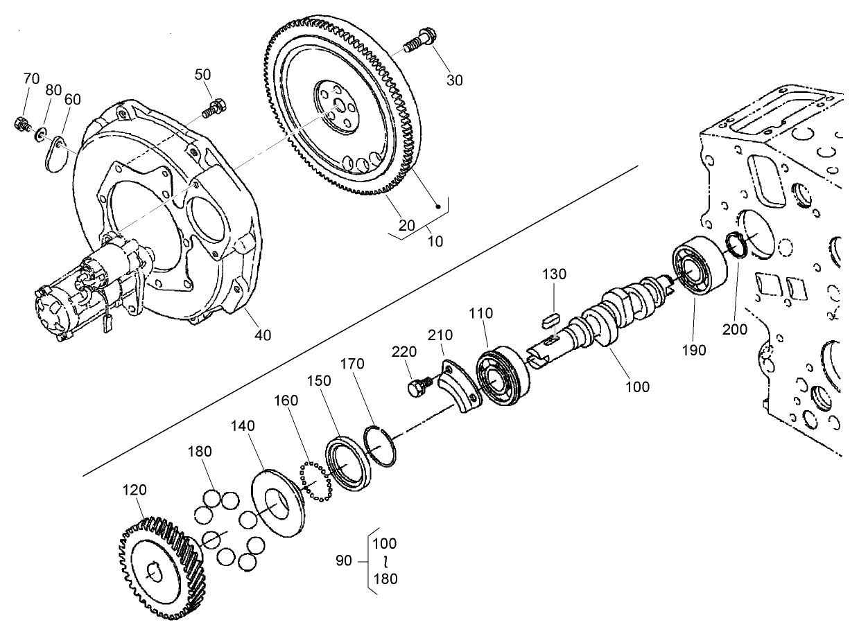 Flywheel, Fuel Camshaft and Governor Shaft Assembly