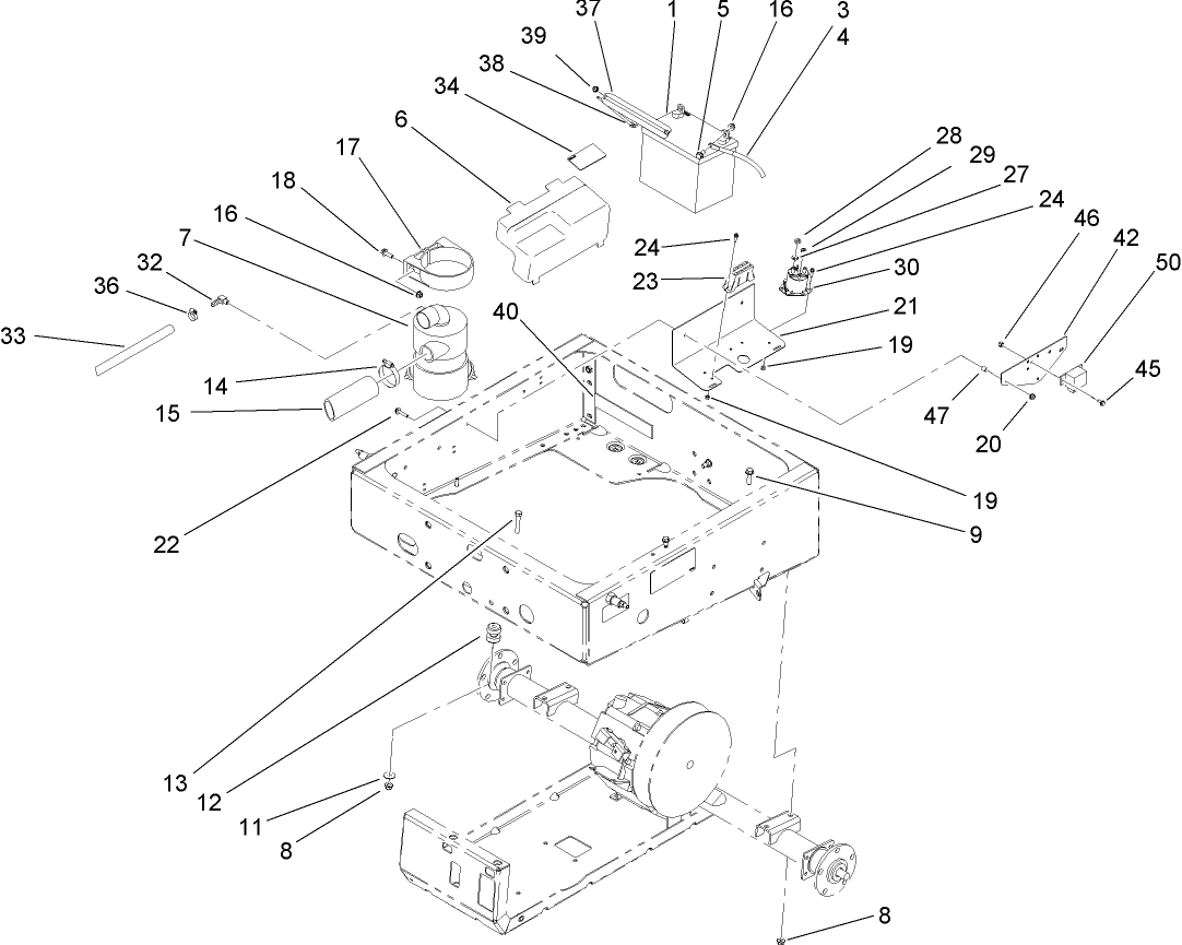Drivetrain Mounting, Battery and Air Cleaner Assembly