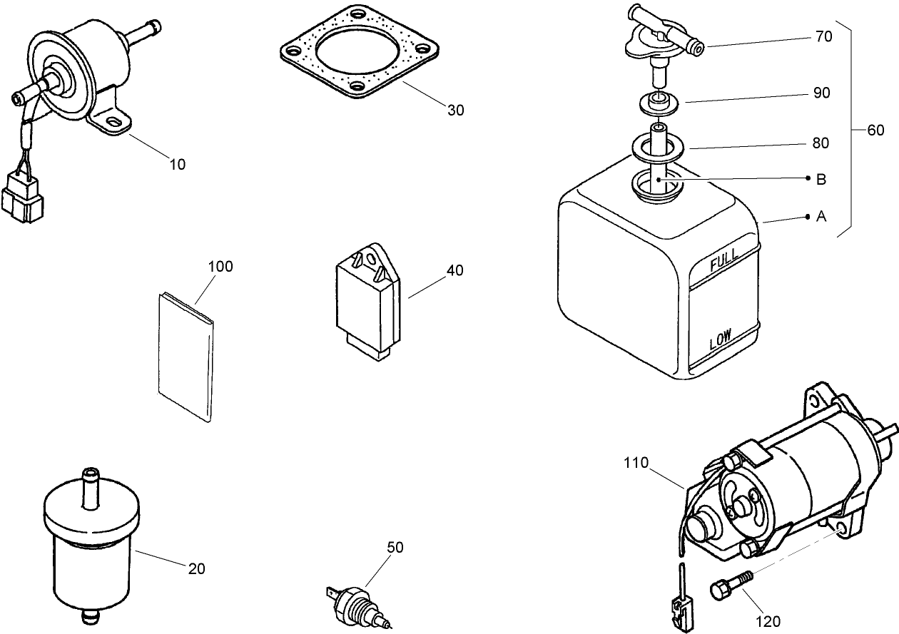 Electric Fuel Pump, Fuel Filter, Starter  and Overflow Bottle Assemblies