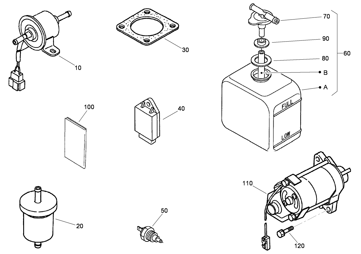 Electric Fuel Pump, Fuel Filter, Starter and Overflow Bottle Assemblies