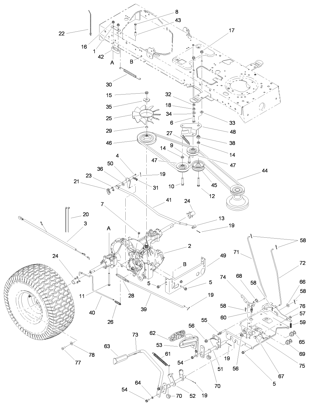 Transmission, Belt, Traction and Brake Pedal Assembly