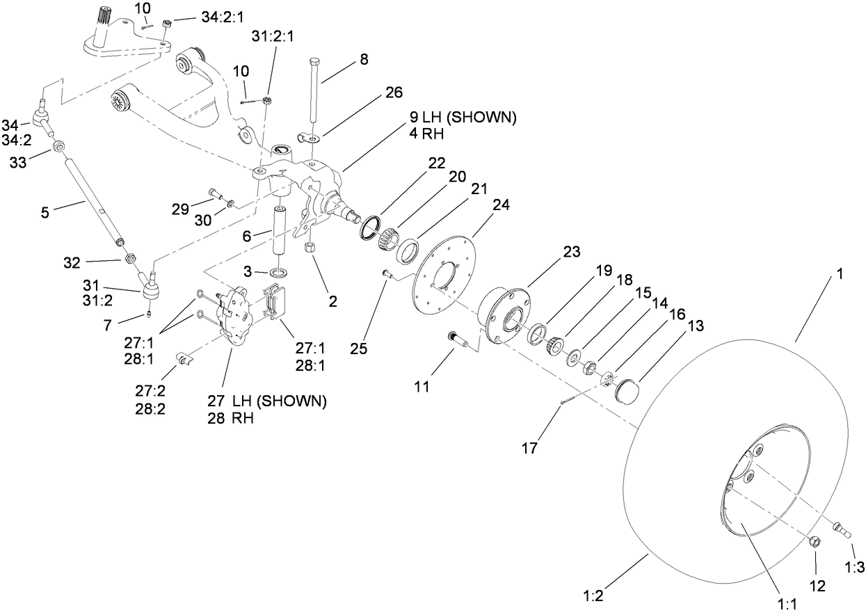 Front Tire, Spindle and Tie Rod Assembly