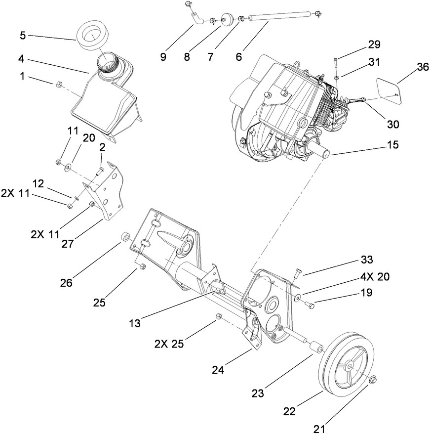 Engine, Gas Tank and Frame Assembly