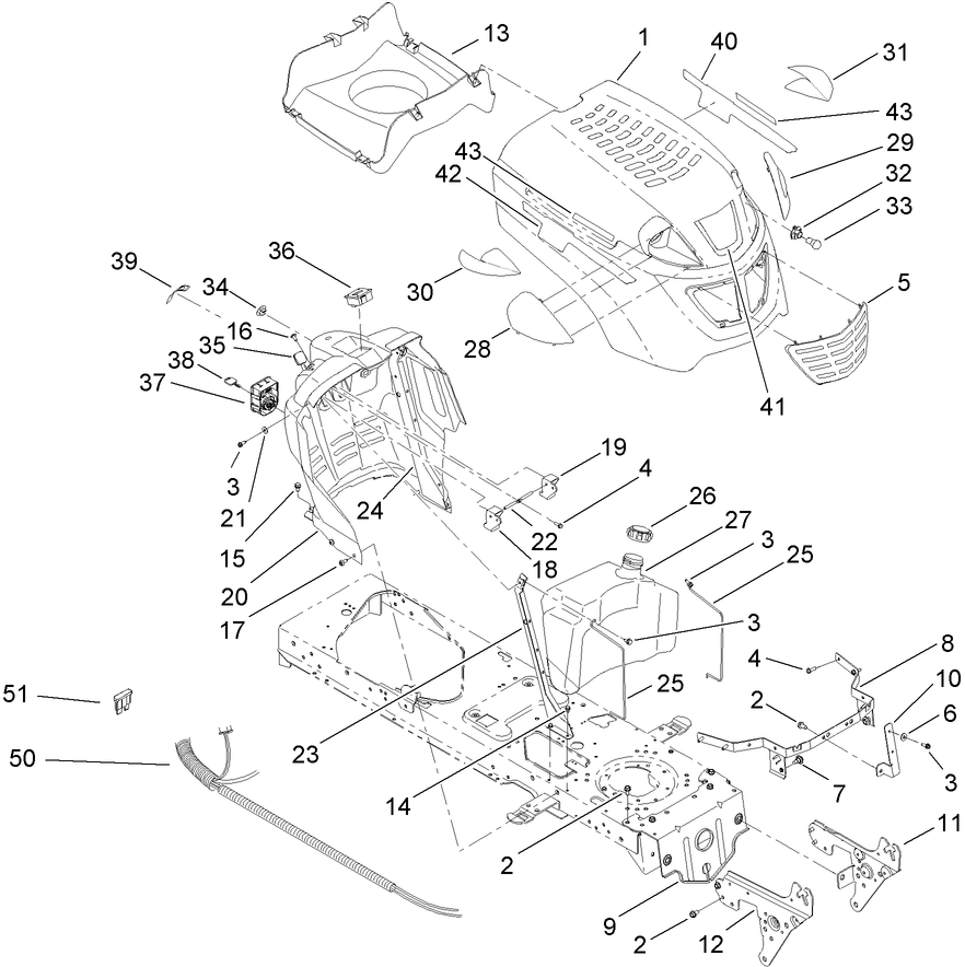 Fuel Tank, Hood and Dash Assembly